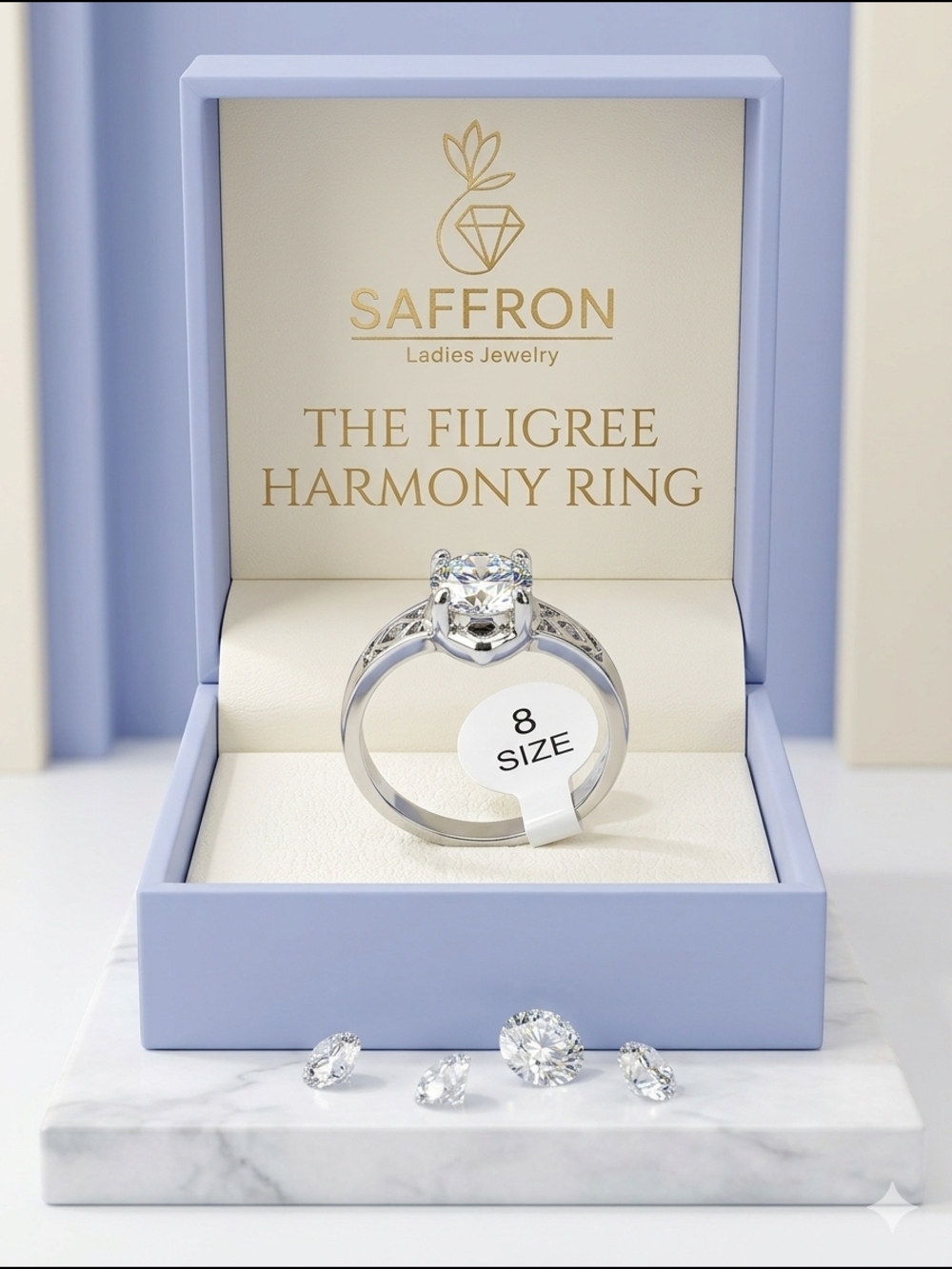 Saffron "Filigree Harmony" Solitaire Ring - Silver Tone & Cubic Zirconia Size 8